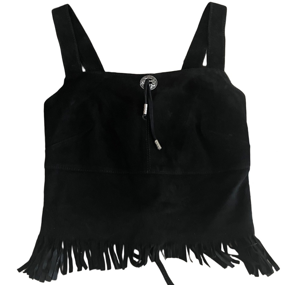 Black Suede Fringe Tank Top with Tie Detail